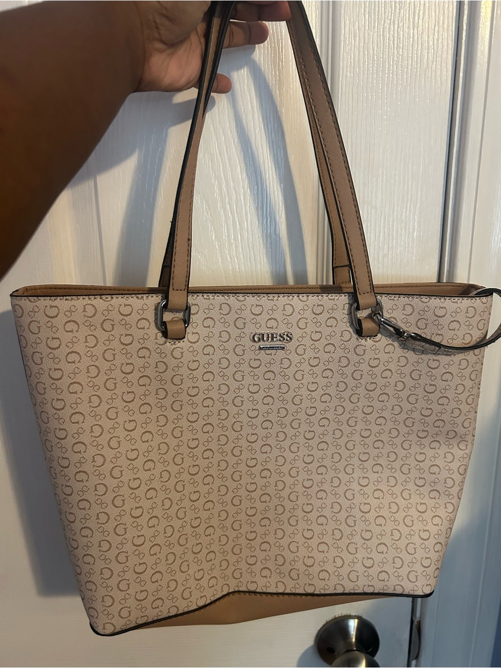 GUESS Beige Monogram Tote with Tan Trim